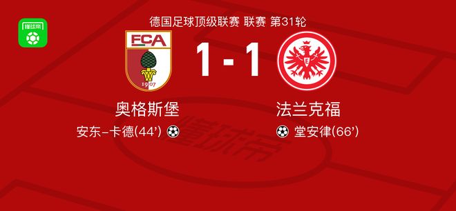 奥格斯堡1-1法兰克福，安东-卡德破僵，堂安律扳平